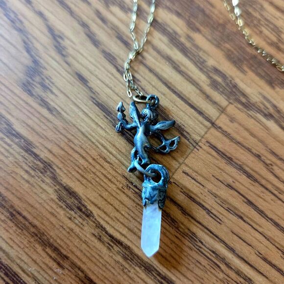 VINTAGE Cupid Smoky Quartz Point Pendant, Gold Chain Necklace VINTAGE INSPIRED - Picture 2 of 8